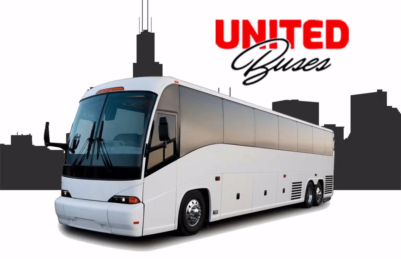 Coach Bus with Chicago skyline outline behind it and United Bus logo